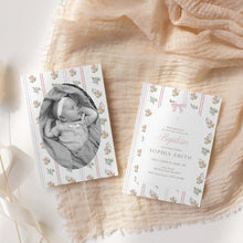 Load image into Gallery viewer, Coquette Bow Baptism Invitation Template, Pink Whimsical Floral Christian Girl Baptism 0502