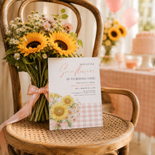 Load image into Gallery viewer, Pink Sunflower Birthday Invitation Watercolor Gingham Baby Girl Summer Template 0340