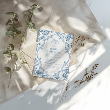Load image into Gallery viewer, Corjl editable blue tolie de jouy baby shower invitation template 2 2015