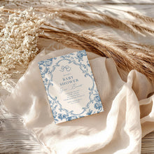 Load image into Gallery viewer, Corjl editable blue tolie de jouy baby shower invitation template 2 2015