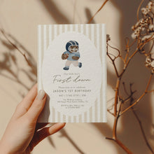 Load image into Gallery viewer, Blue Teddy Bear 1st Year down Football Birthday Invitation, Digital Download 0325
