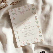 Load image into Gallery viewer, Coquette Bow Baptism Invitation Template, Pink Whimsical Floral Christian Girl Baptism 0502
