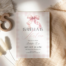 Load image into Gallery viewer, 0318 pink plaid bow birthday invitation