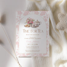 Load image into Gallery viewer, 2023 Pink toile pattern time for tea baby shower invite template