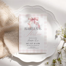 Load image into Gallery viewer, 0318 pink plaid bow birthday invitation