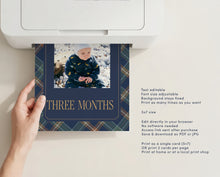 Load image into Gallery viewer, 0327 Navy Tartan Teddy Bear First Birthday Photo Banner Template, Digital Download