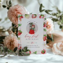 Load image into Gallery viewer, 0326 Pink Gingham Strawberry Berry First Birthday Photo Invite, Editable Template, Digital Download