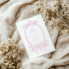 Load image into Gallery viewer, Corjl editable pink tolie de jouy baby shower invitation template 2015