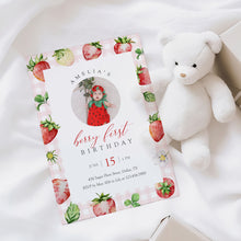Load image into Gallery viewer, 0326 Pink Gingham Strawberry Berry First Birthday Photo Invite, Editable Template, Digital Download