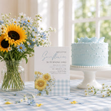 Load image into Gallery viewer, Blue Sunflower Birthday Invitation Watercolor Gingham Baby Boy Summer Template 0340