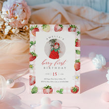 Load image into Gallery viewer, 0326 Pink Gingham Strawberry Berry First Birthday Photo Invite, Editable Template, Digital Download