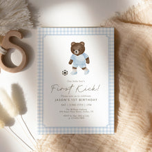 Load image into Gallery viewer, Teddy Bear Soccer First Kick Birthday Invitation, Blue Gingham Baby Boy 0331