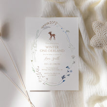 Load image into Gallery viewer, 0319 Winter ONE-derland 1st Birthday Invitation with Woodland Deer, Rustic Winter First Birthday Party Invite