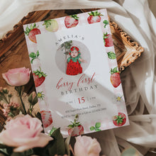 Load image into Gallery viewer, 0326 Pink Gingham Strawberry Berry First Birthday Photo Invite, Editable Template, Digital Download