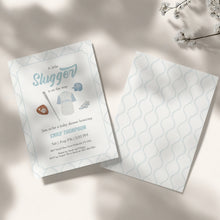 Load image into Gallery viewer, Corjl editable blue little slugger in on the way baby shower invitation 2016