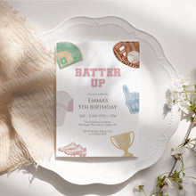 Load image into Gallery viewer, Baseball Birthday Invitation for Girls Pink Sports Party Invite Batter Up Invite Template 0334