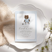 Load image into Gallery viewer, Teddy Bear Soccer First Kick Birthday Invitation, Blue Gingham Baby Boy 0331