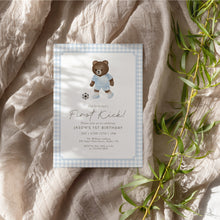 Load image into Gallery viewer, Teddy Bear Soccer First Kick Birthday Invitation, Blue Gingham Baby Boy 0331