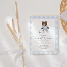 Load image into Gallery viewer, Teddy Bear Soccer First Kick Birthday Invitation, Blue Gingham Baby Boy 0331