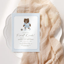 Load image into Gallery viewer, Teddy Bear Soccer First Kick Birthday Invitation, Blue Gingham Baby Boy 0331