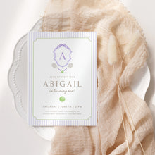 Load image into Gallery viewer, 0312 purple tennis monogram birthday invitation template