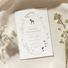 Load image into Gallery viewer, 0319 Winter ONE-derland 1st Birthday Invitation with Woodland Deer, Rustic Winter First Birthday Party Invite