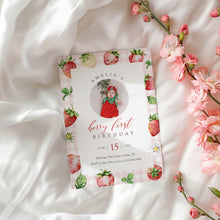 Load image into Gallery viewer, 0326 Pink Gingham Strawberry Berry First Birthday Photo Invite, Editable Template, Digital Download