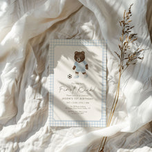 Load image into Gallery viewer, Teddy Bear Soccer First Kick Birthday Invitation, Blue Gingham Baby Boy 0331