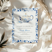 Load image into Gallery viewer, 2023 blue chinoiserie teapot baby shower invite template