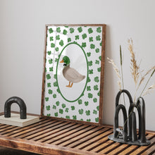 Load image into Gallery viewer, Watercolor green mallard duck with clover art print 07-276