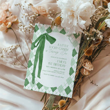 Load image into Gallery viewer, 0804 Shamrock Lucky Charm Green Bow St. Patrick's 1st birthday Invitation, Digital Download