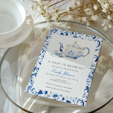 Load image into Gallery viewer, 2023 blue chinoiserie teapot baby shower invite template