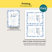 Load image into Gallery viewer, 2023 blue chinoiserie teapot baby shower invite template