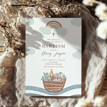 Load image into Gallery viewer, Noahs Ark Baptism Invitation Template, Rainbow Christian Boy Baptism Invite 0502