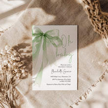 Load image into Gallery viewer, 2021 sage green bow baby shower invitation