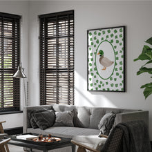 Load image into Gallery viewer, Watercolor green mallard duck with clover art print 07-276