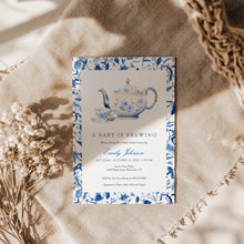 Load image into Gallery viewer, 2023 blue chinoiserie teapot baby shower invite template