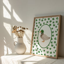 Load image into Gallery viewer, Watercolor green mallard duck with clover art print 07-276