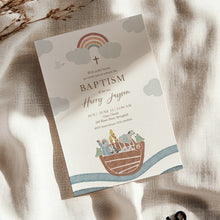 Load image into Gallery viewer, Noahs Ark Baptism Invitation Template, Rainbow Christian Boy Baptism Invite 0502