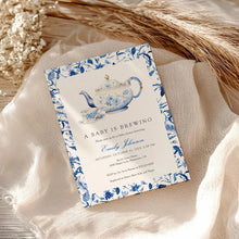 Load image into Gallery viewer, 2023 blue chinoiserie teapot baby shower invite template