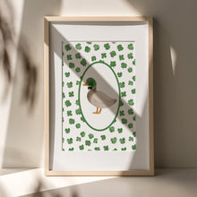 Load image into Gallery viewer, Watercolor green mallard duck with clover art print 07-276