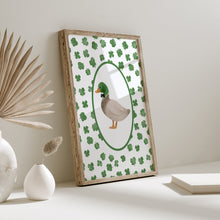 Load image into Gallery viewer, Watercolor green mallard duck with clover art print 07-276