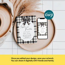 Load image into Gallery viewer, 0318 black plaid bow birthday invitation