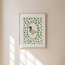 Load image into Gallery viewer, Watercolor green mallard duck with clover art print 07-276
