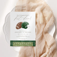 Load image into Gallery viewer, 0325 green Our Little Quarterback's First Down Birthday Invitation Template, Digital Download