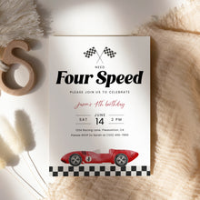 Load image into Gallery viewer, Red Four Speed Race Car 4th Birthday Invitation Editable Template 0330