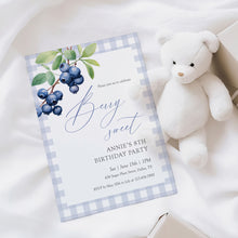 Load image into Gallery viewer, 0326 Blueberry Berry Sweet 8th birthday invite, blue gingham invitation, digital download, editable template
