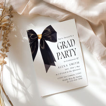 Load image into Gallery viewer, Black Gold Bow Graduation Party Invite Coquette Preppy Girl Elegant Template 0808