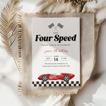 Load image into Gallery viewer, Red Four Speed Race Car 4th Birthday Invitation Editable Template 0330