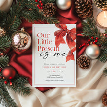 Load image into Gallery viewer, 0319 Christmas Present 1st Birthday Invitation, Red Bow Holiday Winter Birthday Party Invite